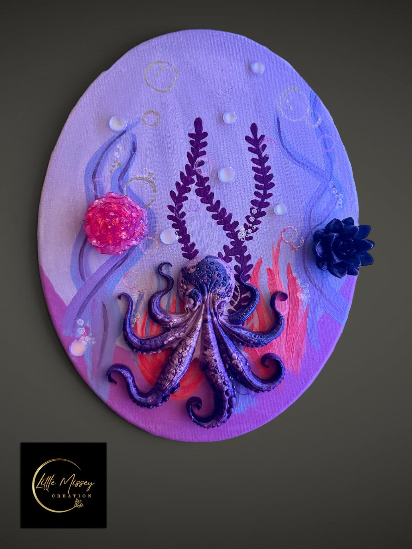 Little Missey Creation mixed media oval wall art featuring a purple octopus with resin flowers and bubbles on canvas.