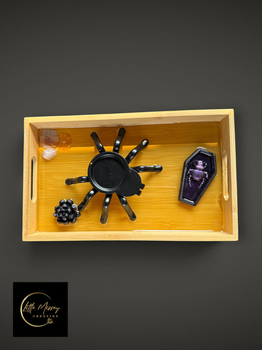 Little Missey Creation wooden tray featuring a spider candle holder, a purple coffin with a resin beetle, and citrine and quartz crystals