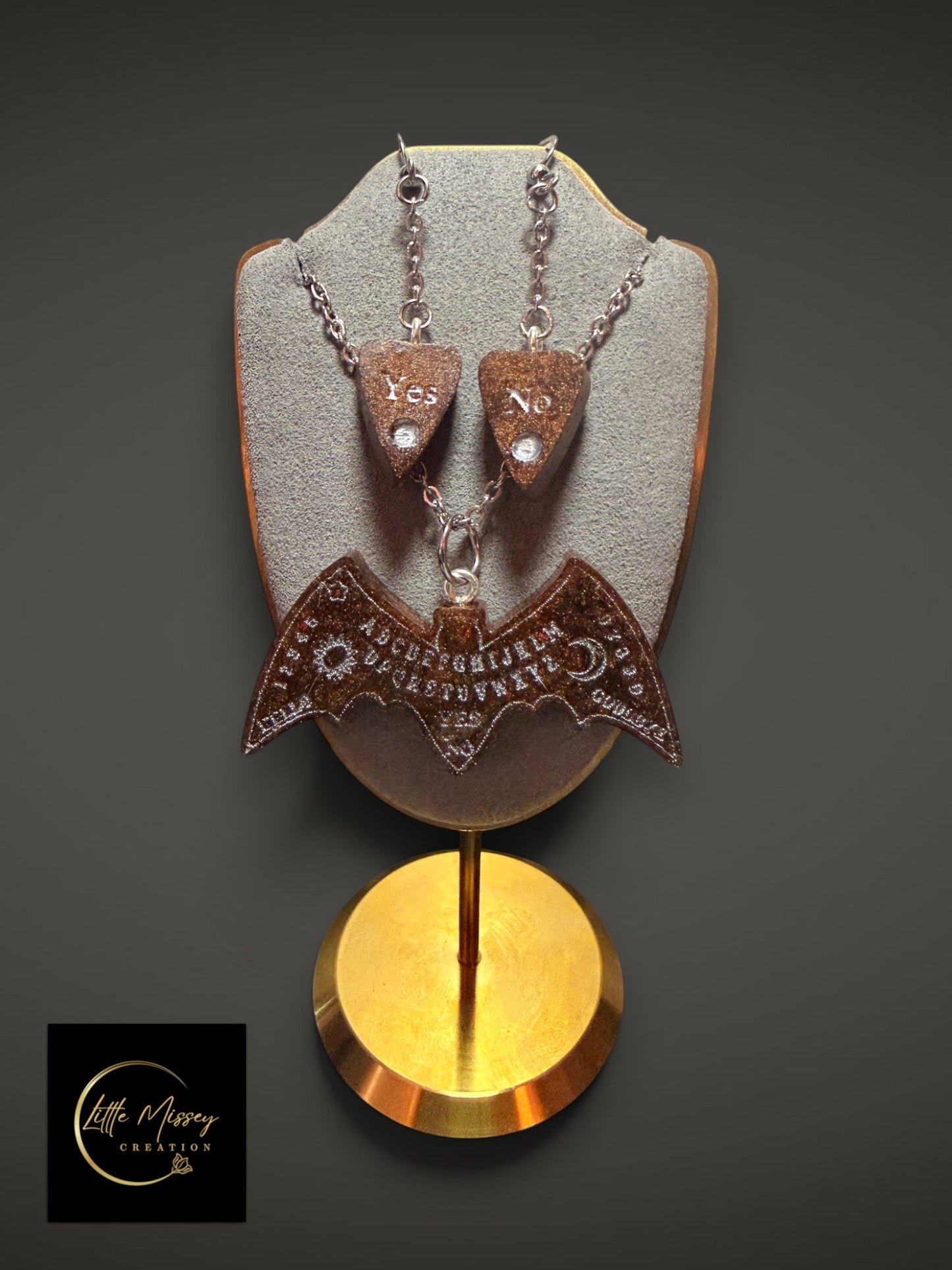 Little Missey Creation gothic spirit board bat necklace and planchette earrings set in glittery brown resin
