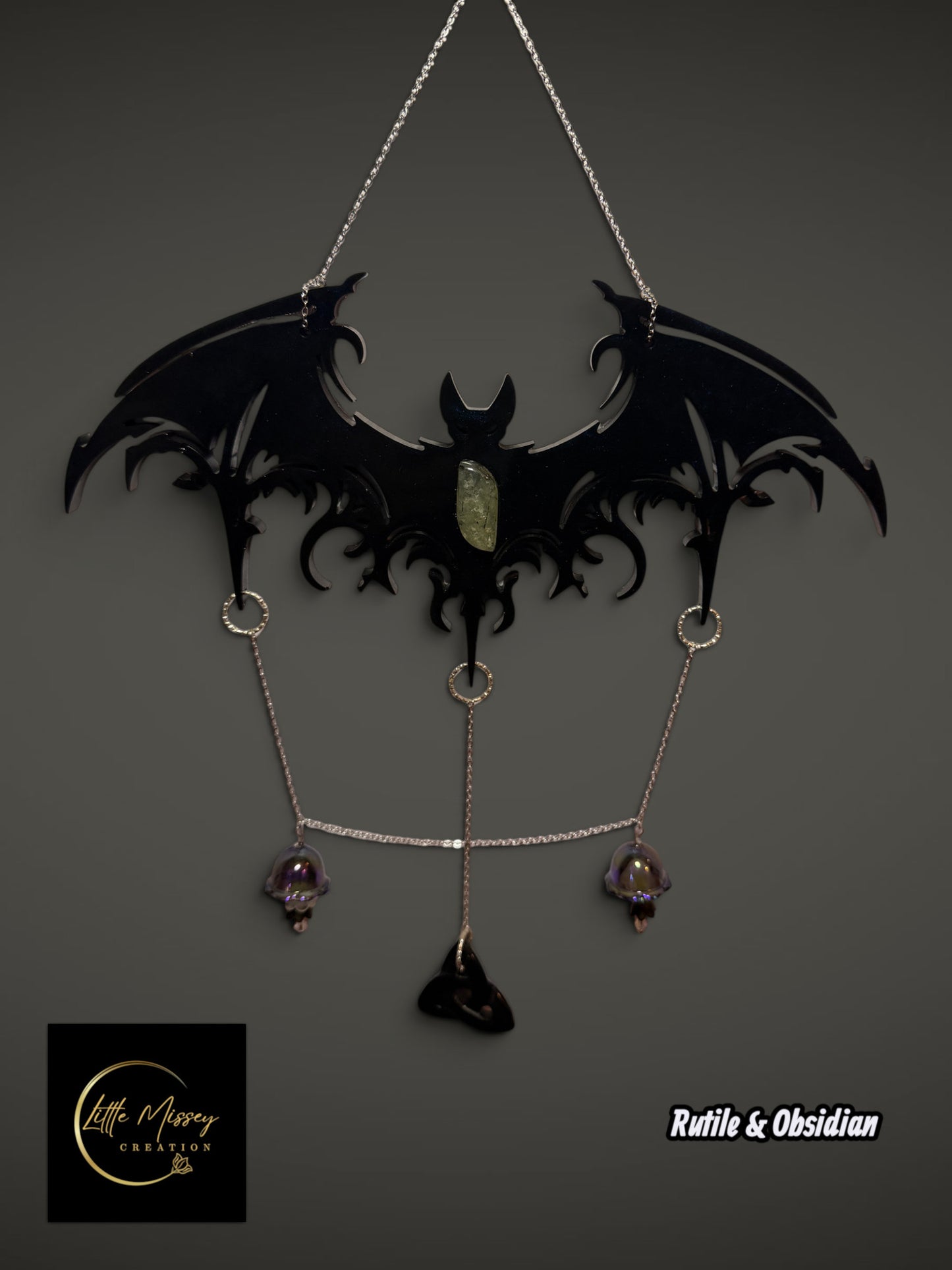 Little Missey Creation handcrafted black resin bat wall hanging with rutile, obsidian, and delicate silver chains.