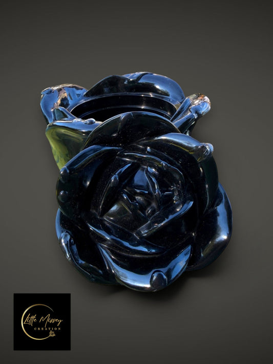 Little Missey Creation glossy black rose-shaped trinket box with intricate petal detailing for jewelry storage.