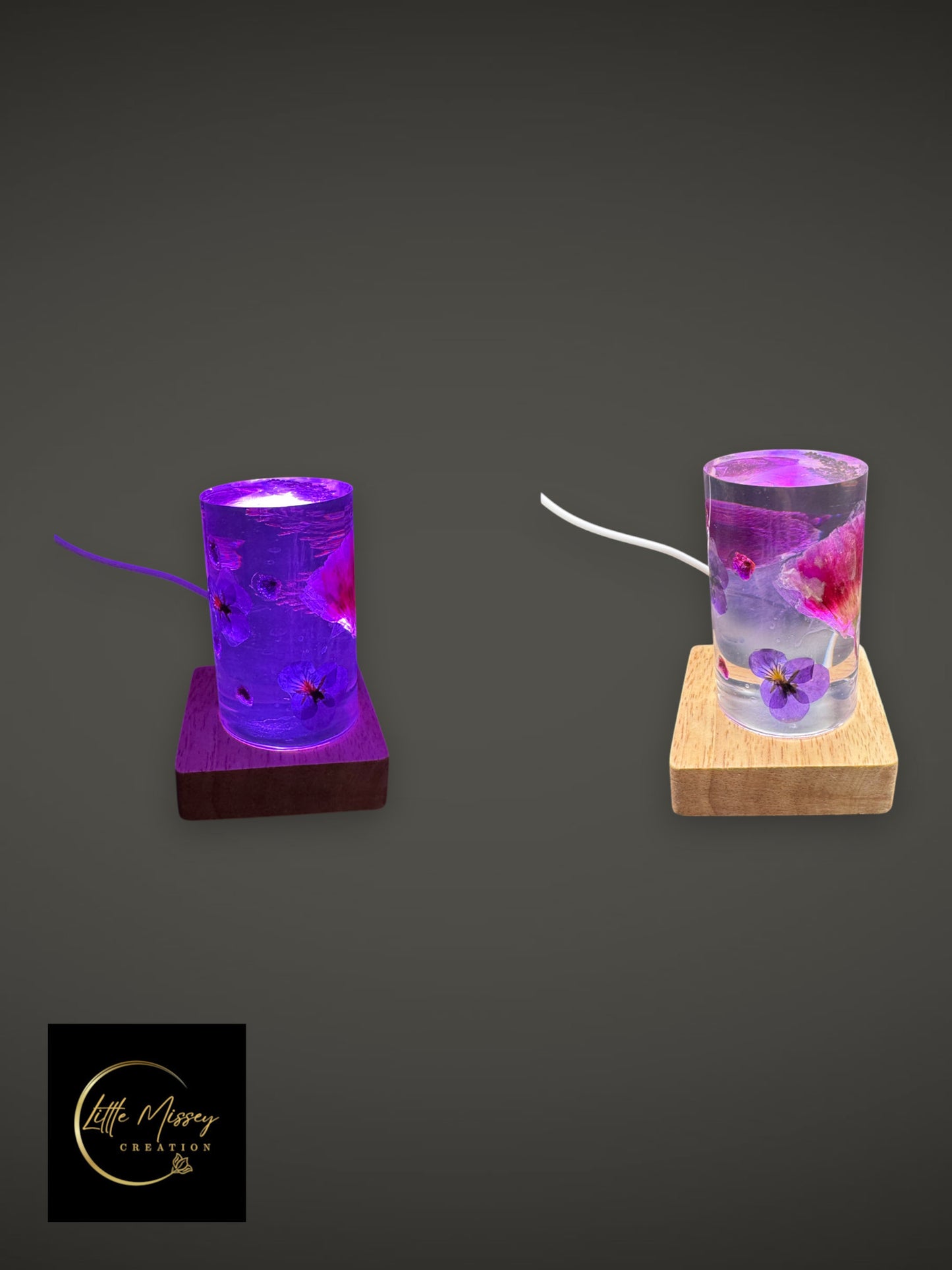 Little Missey Creation botanical resin LED night lights with dried flowers on dark and light wooden bases