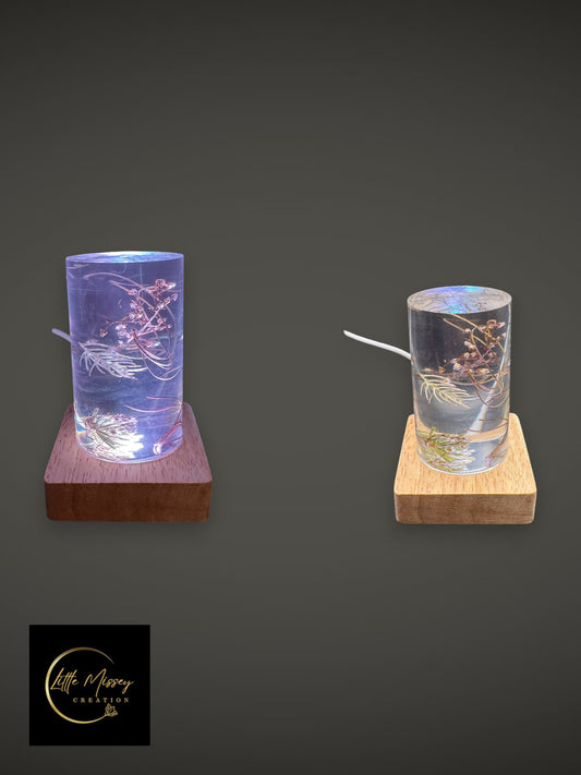 Little Missey Creation botanical resin LED night lights with dried flowers on light and dark wooden bases