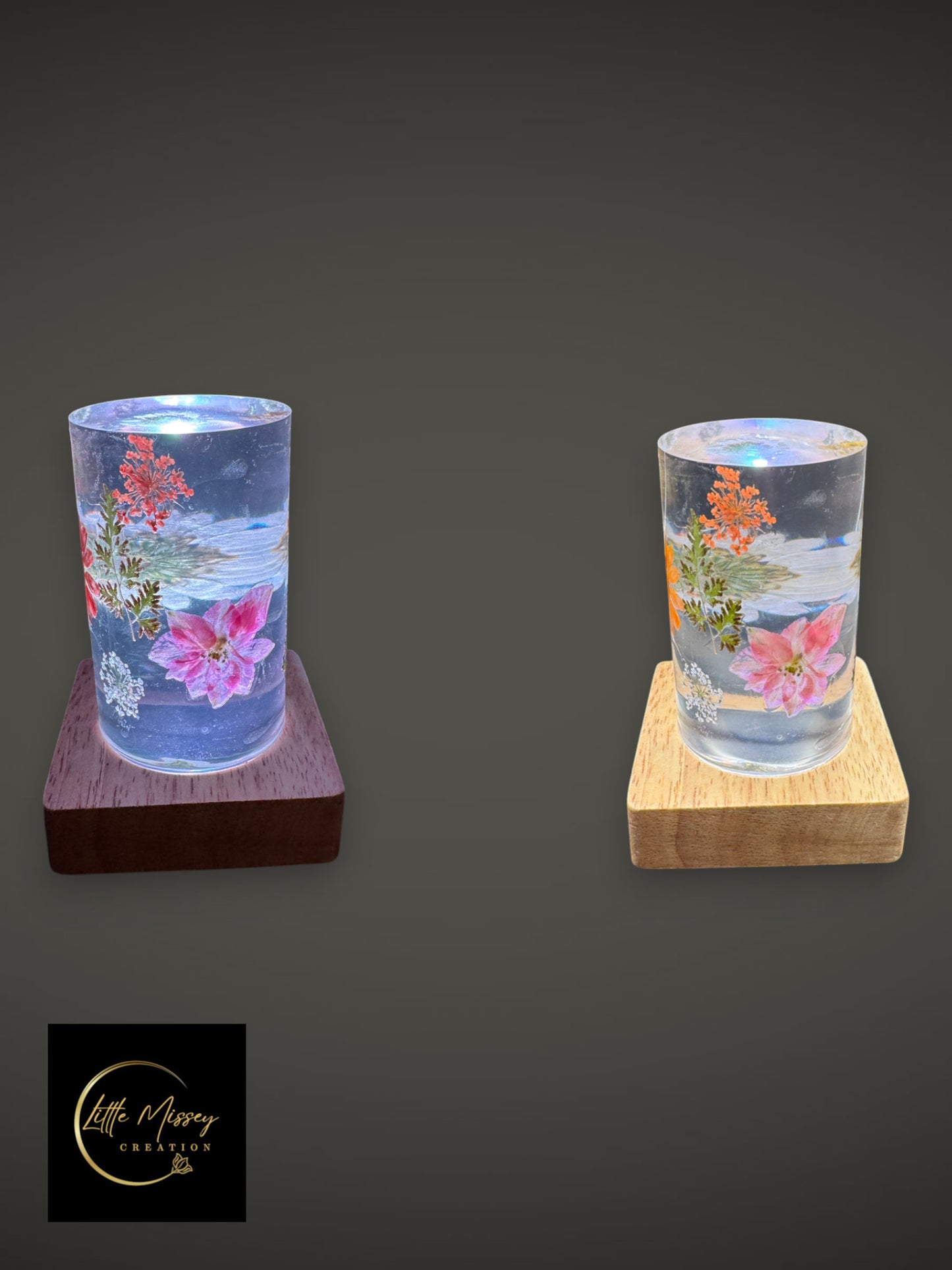 Little Missey Creation botanical resin LED night lights with dried flowers on dark and light wooden bases