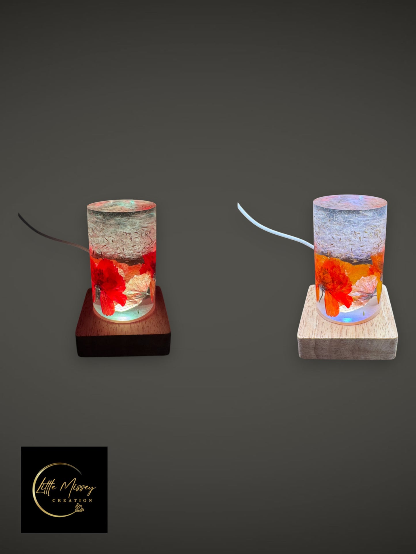 Little Missey Creation botanical resin night lights with dried red flowers and foliage on dark and light wood bases