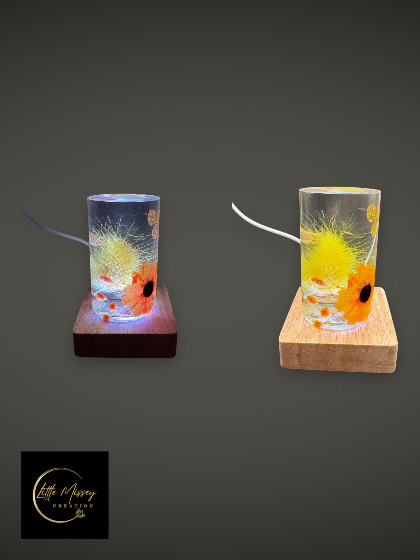 Little Missey Creation botanical resin LED night lights with dried flowers on dark and light wooden bases.