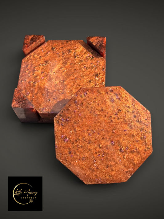 Little Missey Creation handcrafted octagonal resin coasters in shimmering copper and bronze with a matching holder.