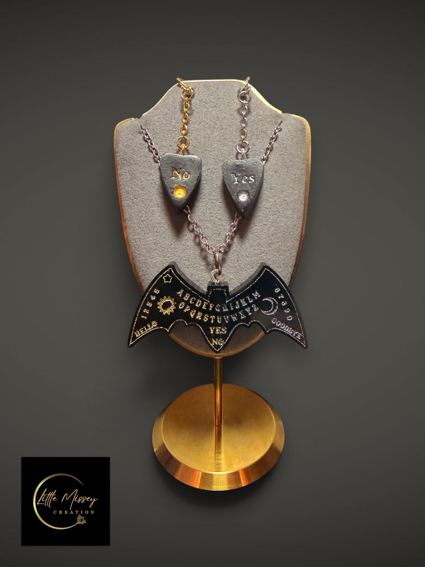 Little Missey Creation gothic spirit board bat necklace and planchette earrings set with gold and silver accents