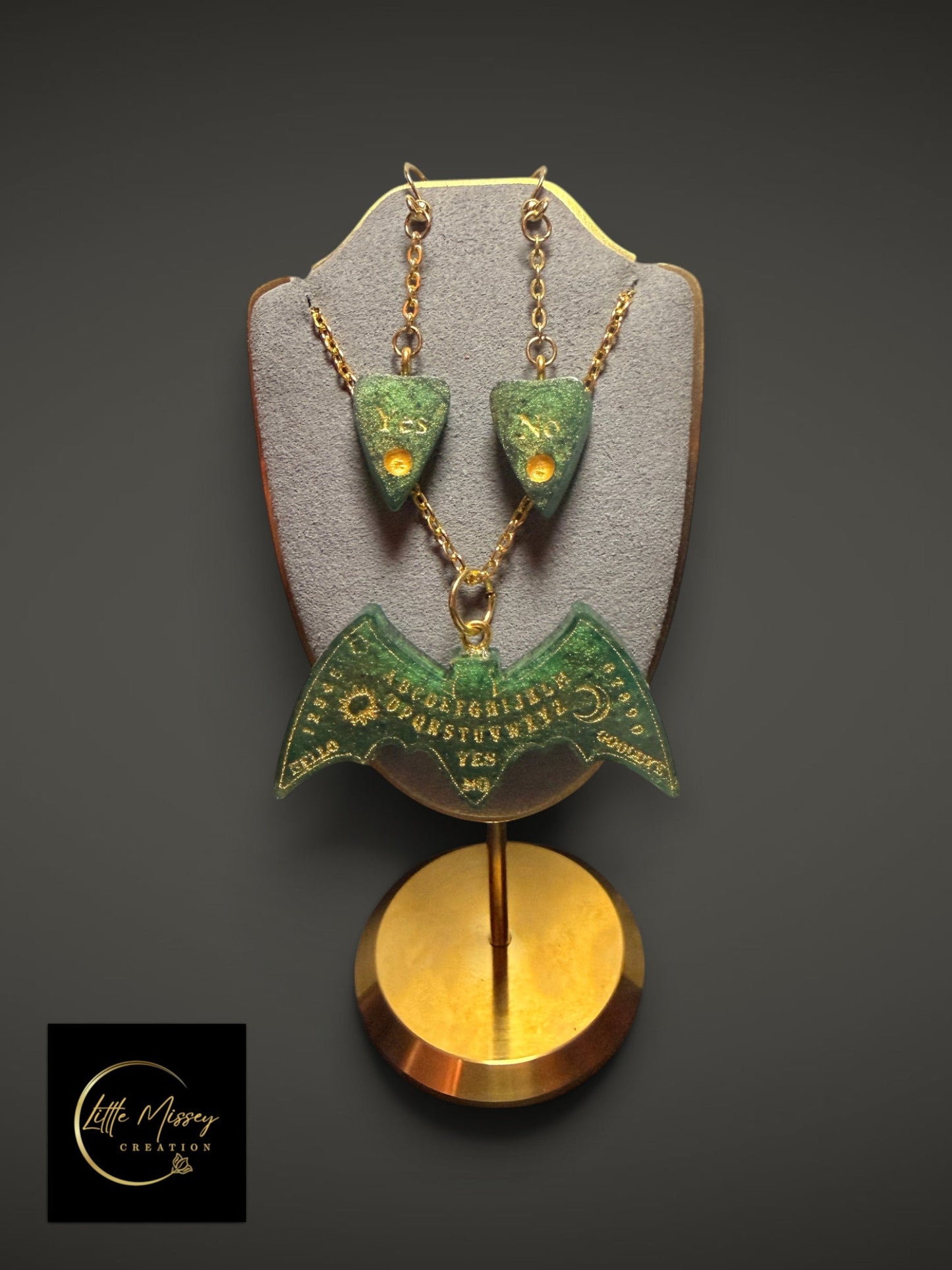 Little Missey Creation green resin bat spirit board necklace and planchette earrings set with gold detailing