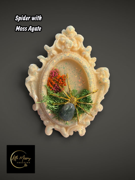 Little Missey Creation ornate resin frame with moss agate, preserved moss, dried flowers, and a metallic spider.