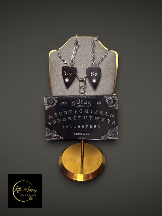 Little Missey Creation gothic resin Ouija board necklace and Yes/No earrings set on a gold display stand