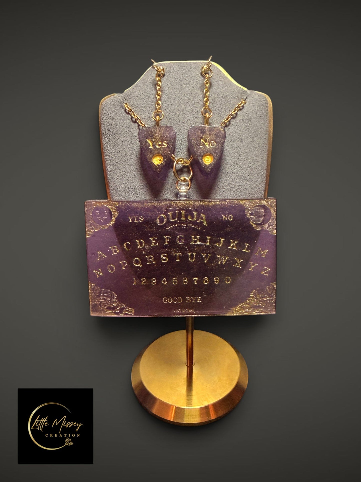 Little Missey Creation Ouija board necklace and Yes No planchette earrings in purple resin with gold accents