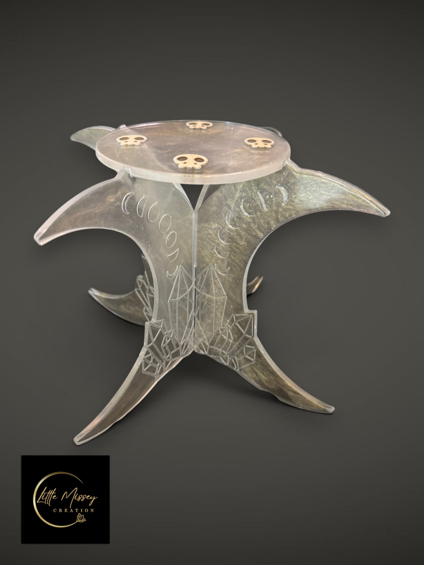Portable resin altar with moon phase engravings, crystal motifs, and magnesite skull accents
