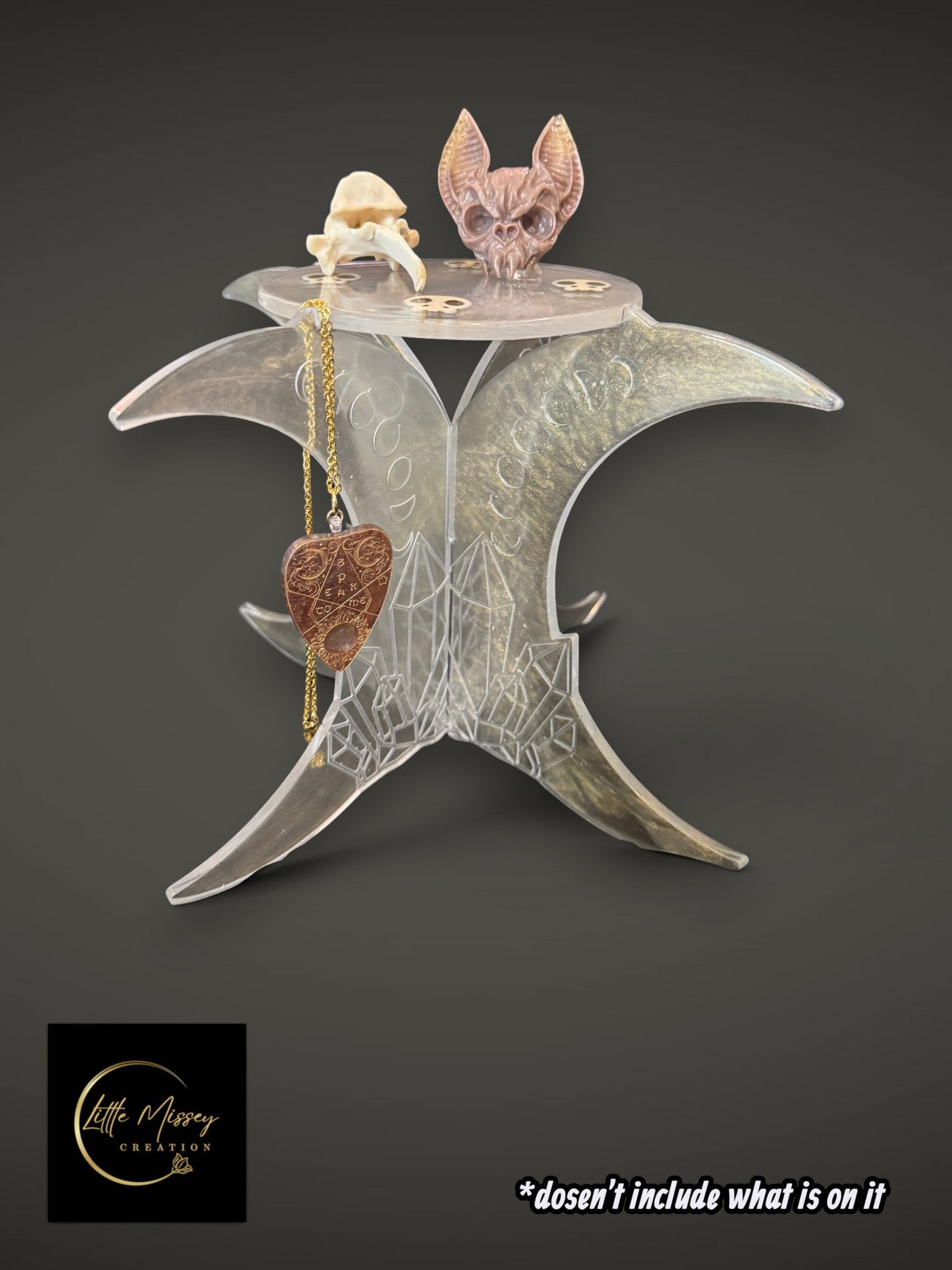 Portable resin altar with moon phase engravings, crystal motifs, and magnesite skull accents