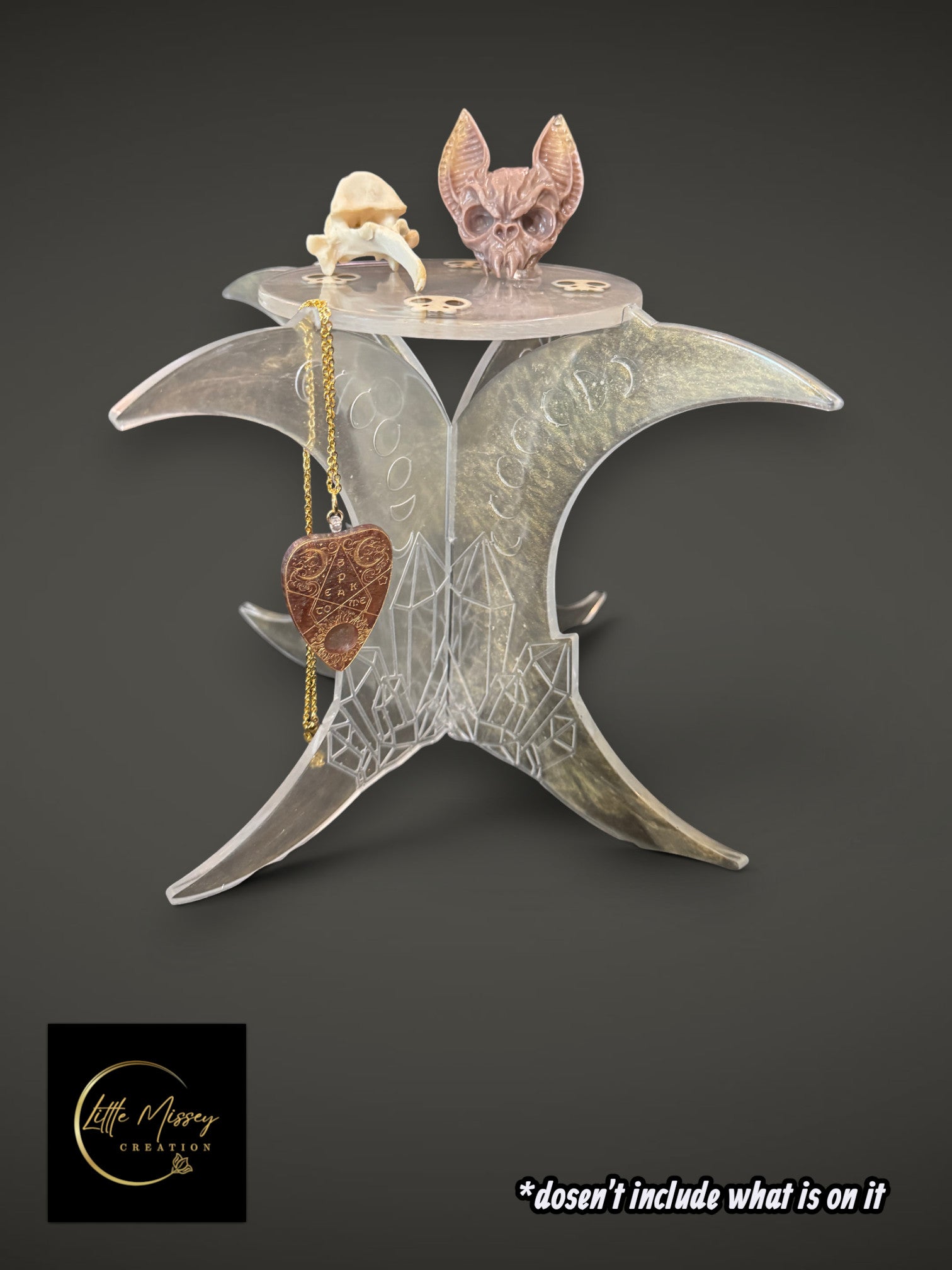 Portable resin altar with moon phase engravings, crystal motifs, and magnesite skull accents