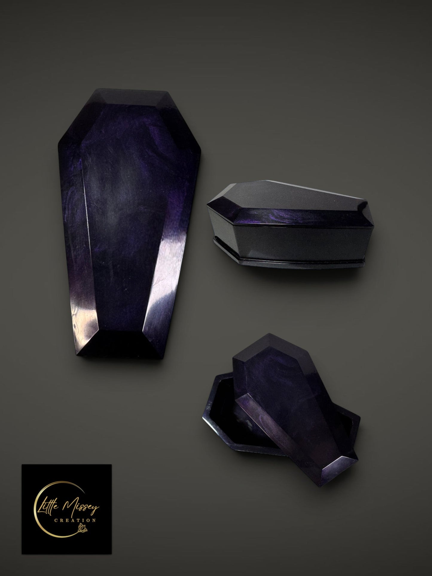 Little Missey Creation coffin-shaped resin trinket boxes in a dark purple marbled finish for gothic home decor.
