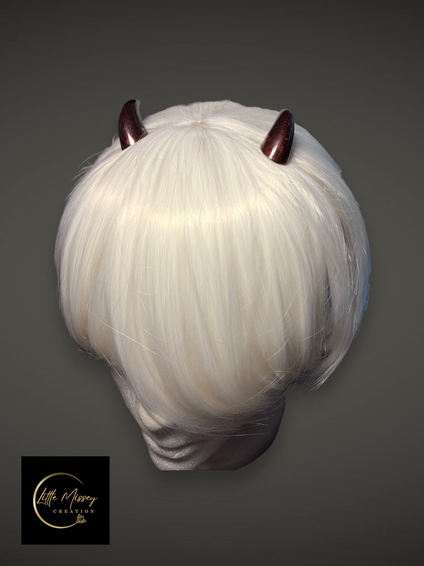 Little Missey Creation handcrafted dark red glossy demon horns styled on a short white cosplay wig