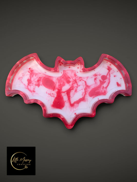 Little Missey Creation bat-shaped resin tray in a marbled red and white gothic design for jewelry or crystals