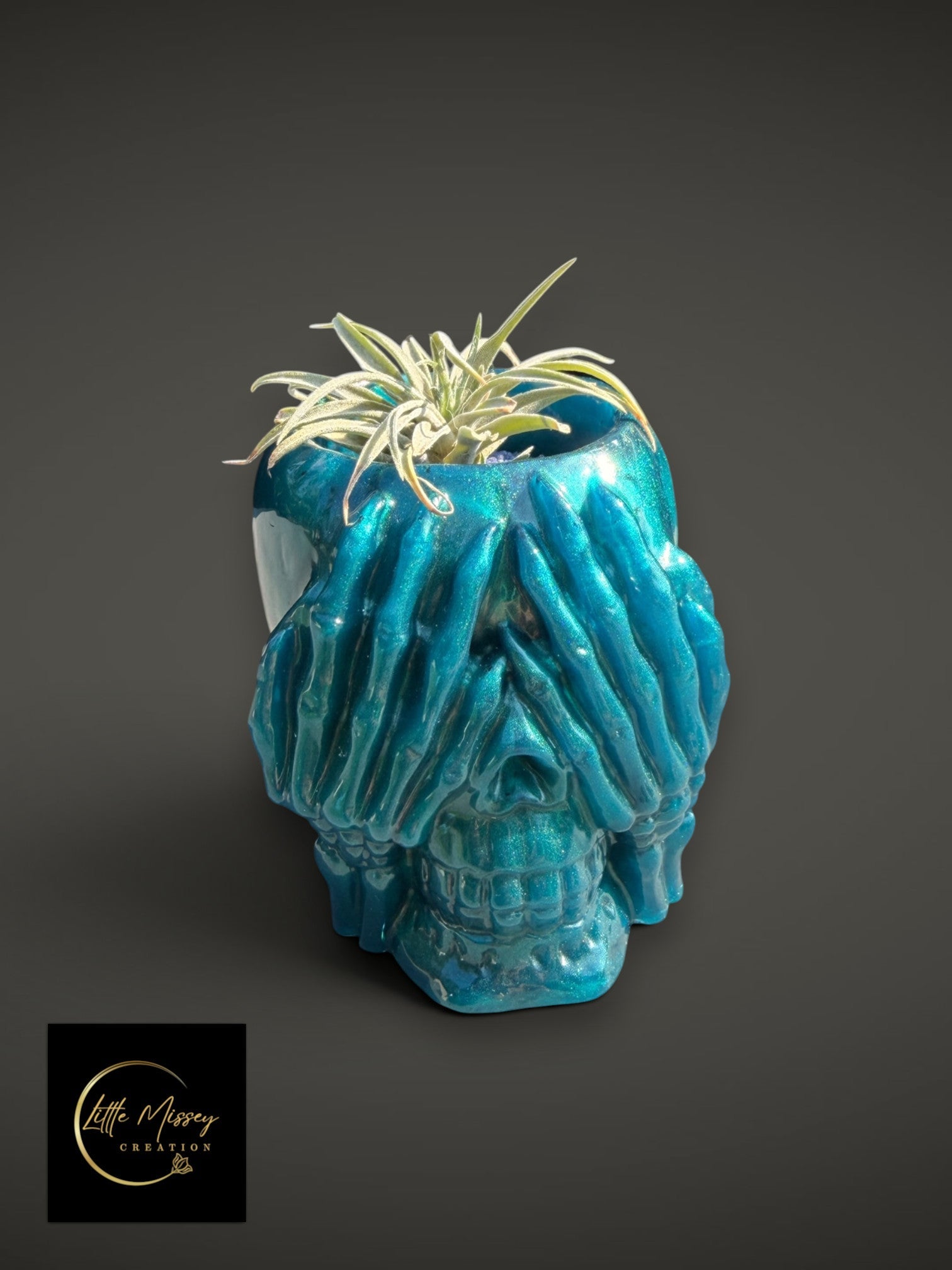 Little Missey Creation teal glitter skull plant pot with hands covering eyes holding a small air plant