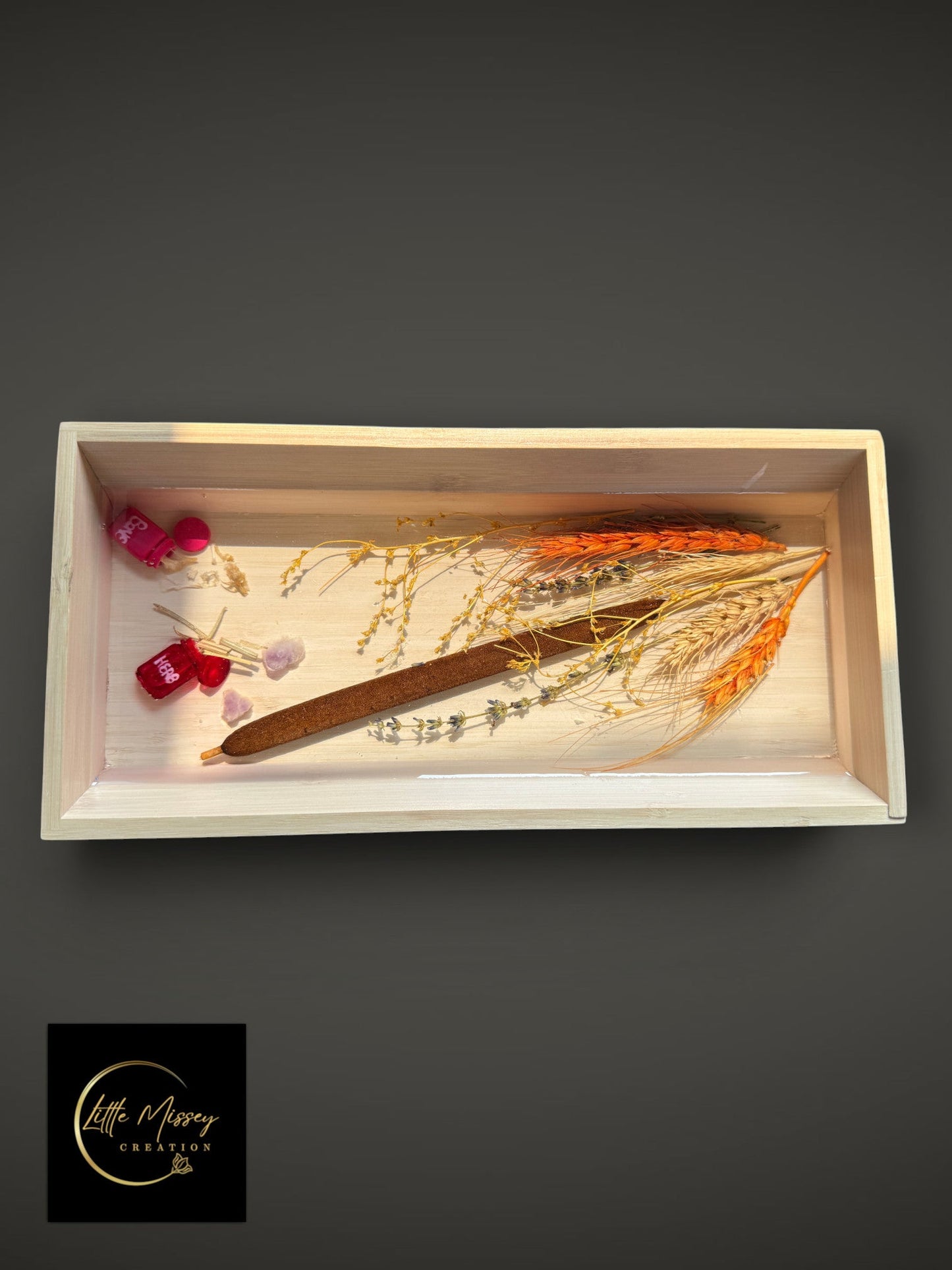 Little Missey Creation rectangular wooden tray featuring dried wheat, amethyst, and handmade resin jars.