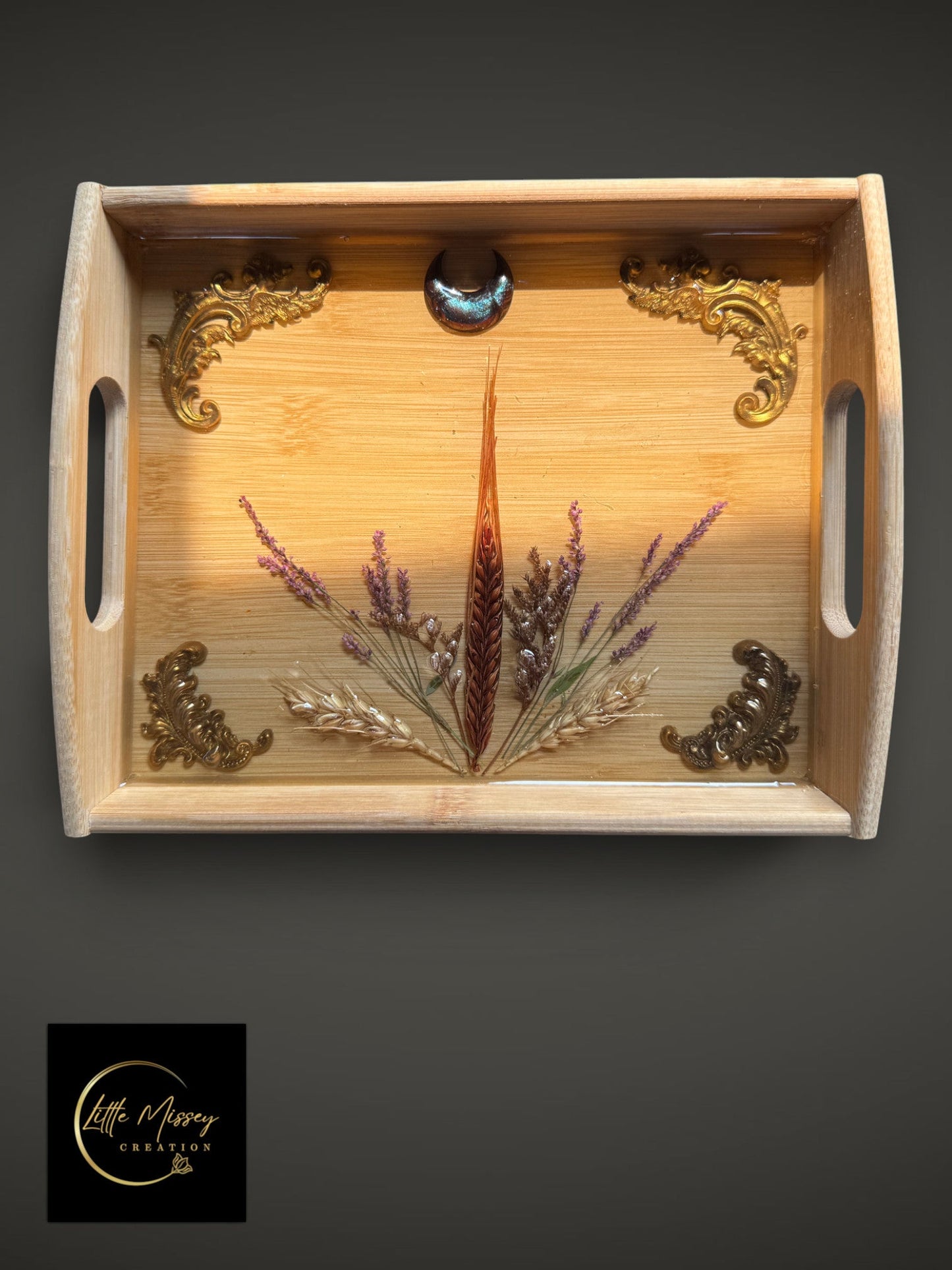 Little Missey Creation wooden tray with dried flowers, gold filigree accents, and a crescent moon resin inlay.