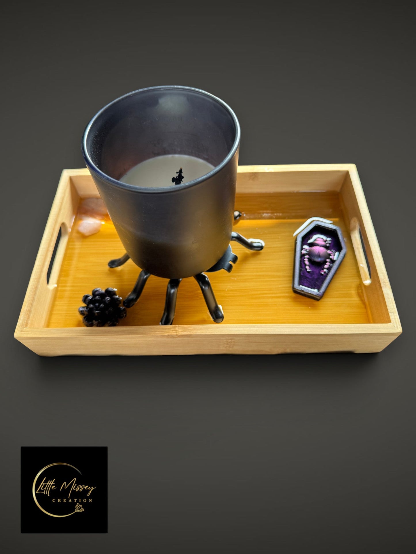 Little Missey Creation wooden tray featuring a spider candle holder, a purple coffin with a resin beetle, and citrine and quartz crystals